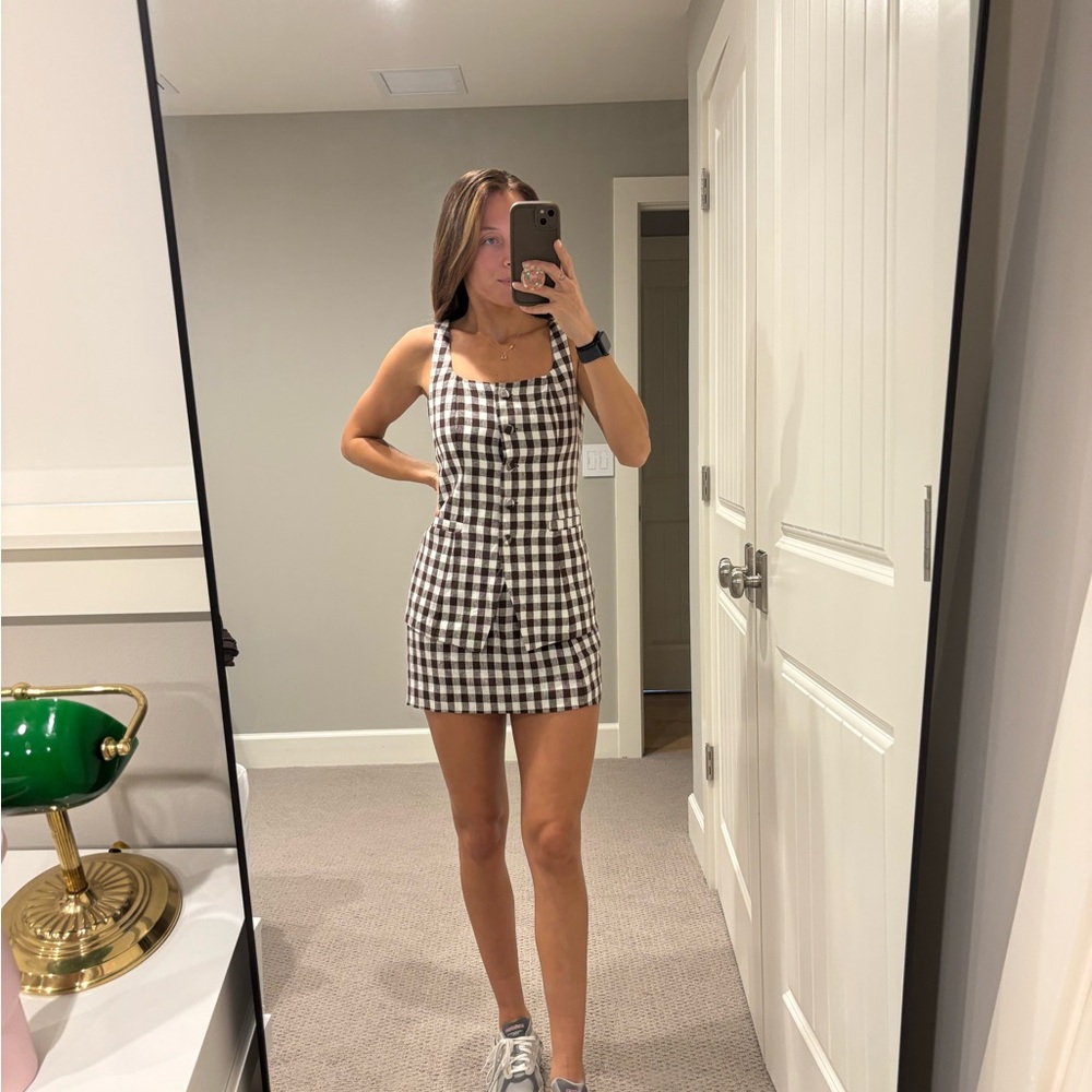 Wayf Brown and White Gingham skirt & blouse set